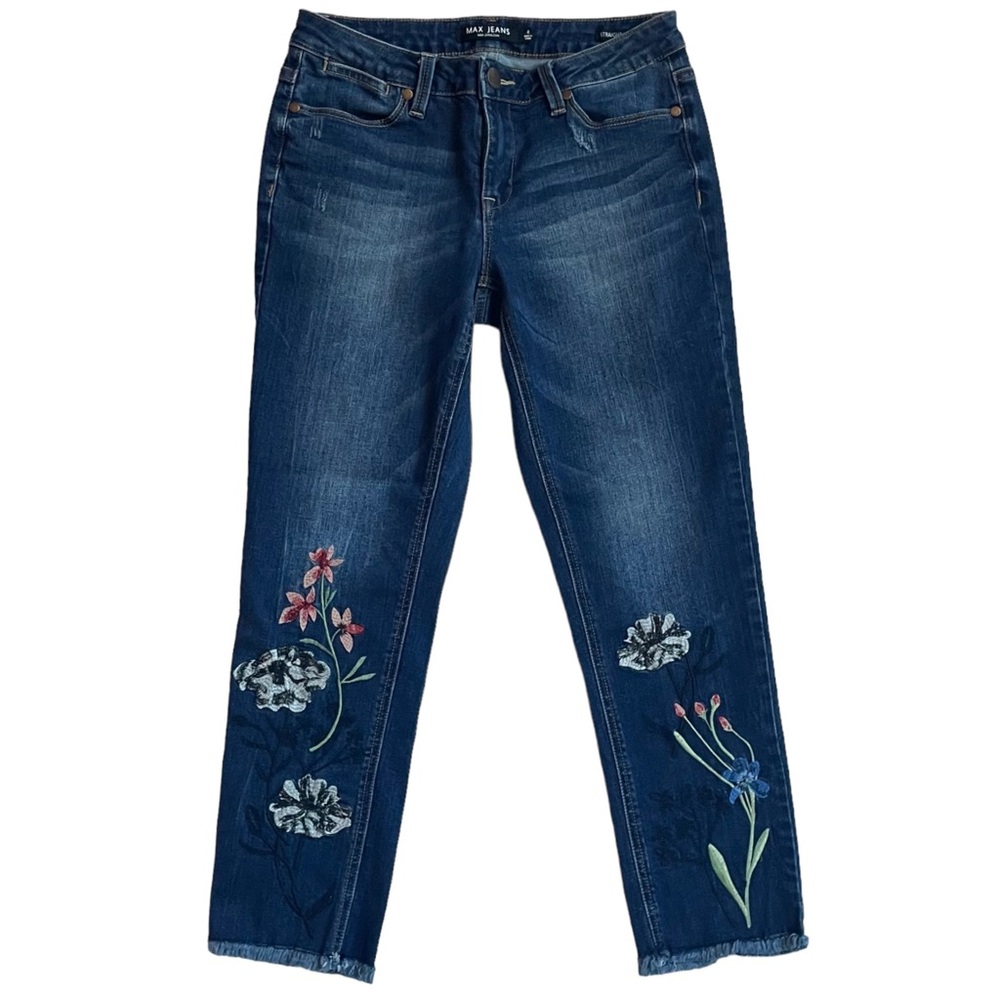 Max Jeans Size 4 Straight Crop Floral Embroidery Raw Hem Distressed Denim Jeans